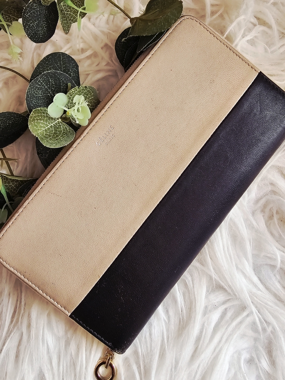 Celine Long  Leather Zip Around Wallet Color-block Beige and Black - Preloved